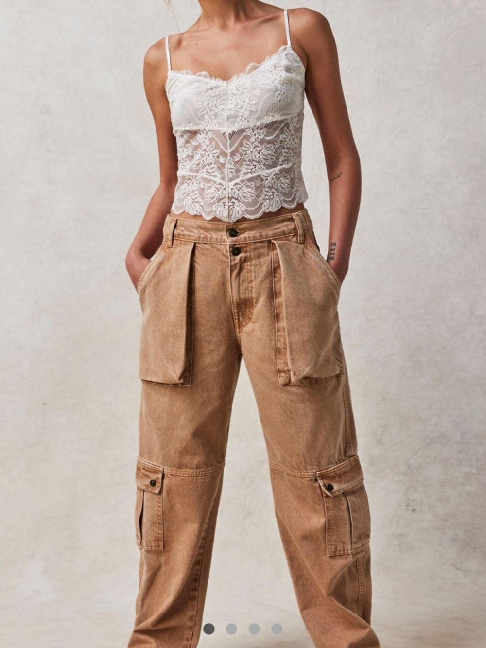 Free People Beige Wide-Leg Cargo Jeans
